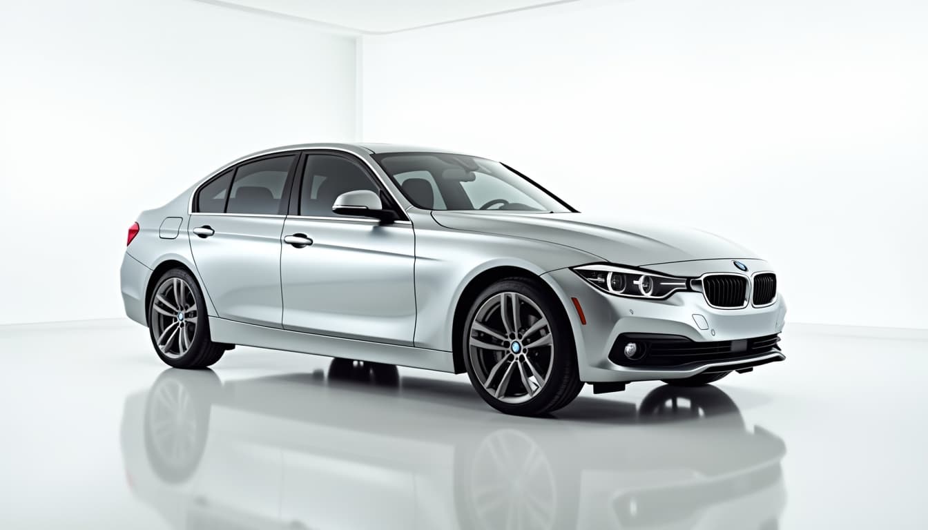 Vehicle photo after AI enhancement — car in a professional studio with reflections